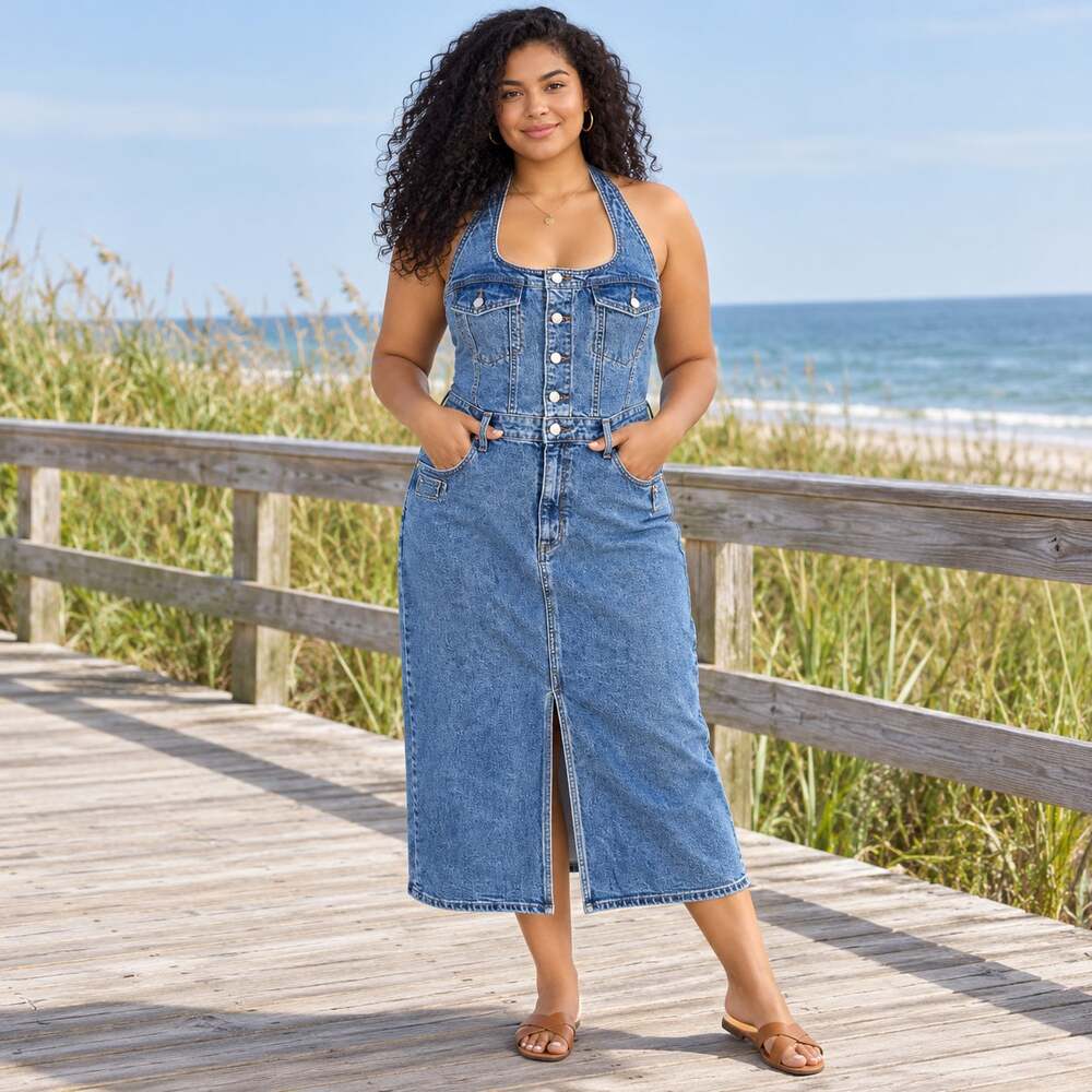 Universal Thread Dress WMNS 16 Blue Halter Open Back Midi Denim Westernwear